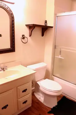 a bathroom with a toilet and a sink and a shower at Bear Meadow Cabin at Shaver Lake in Shaver Lake