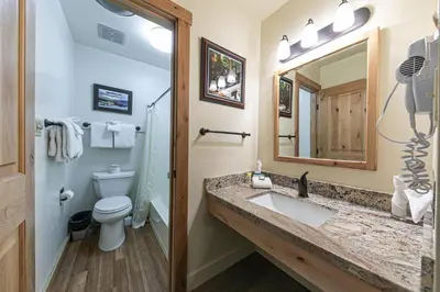 a bathroom with a sink and a toilet and a mirror at 233 Bldg C condo in Truckee