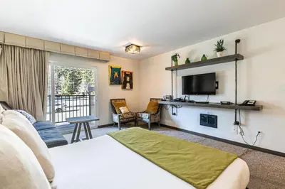 a living room with a bed and a tv at 231 Bldg C condo in Truckee