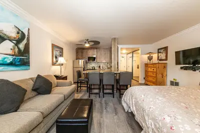 a living room with a couch and a bed and a kitchen at 115 Bldg B studio in Truckee