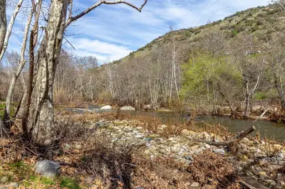 a river in the middle of a forest at Grand Riverside Retreat - Private Walkway to the River in Three Rivers