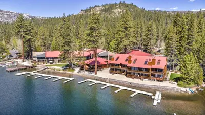 an aerial view of a resort with a dock at 243 Bldg C condo in Truckee
