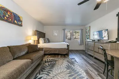 a living room with a couch and a bed at 111 Bldg B condo in Truckee