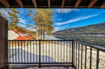 a view of a lake from a balcony at 246 Bldg C condo in Truckee