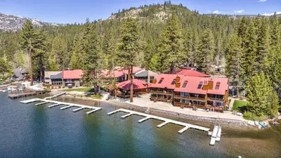 an aerial view of a resort with a dock at 246 Bldg C condo in Truckee