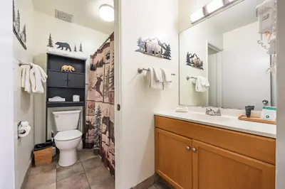 a bathroom with a sink and a toilet and a mirror at 223 Bldg B condo in Truckee
