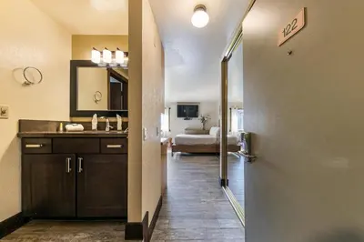 a bathroom with a sink and a mirror at 122 Bldg B studio in Truckee