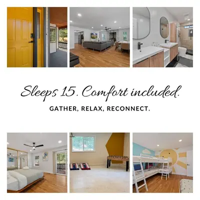a collage of pictures of a kitchen and a living room at New Listing - 5bd 3ba Retreat for a large group in Groveland