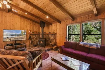 a living room with a couch and a fireplace at Serene Tahoe Donner Cabin mins to Lake, Ski, Golf in Truckee