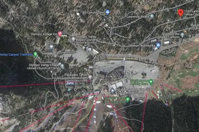 a map of a parking lot with red arrows at Welcoming Studio Walk to Palisades Resort and Lifts in Olympic Valley