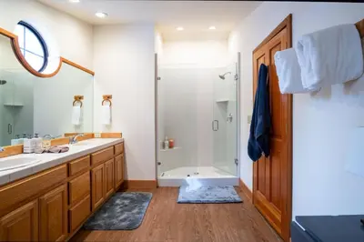 a bathroom with a shower and a sink at Family Escape Minutes to Northstar EV Charger WandD in Truckee