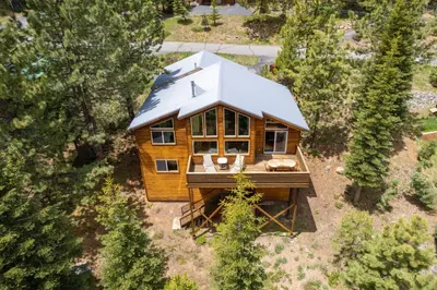 an overhead view of a tiny house in the woods at Chestnut Haus at Tahoe Donner By Tahoe Getaways - 4 BR w HOA Amenities in Truckee