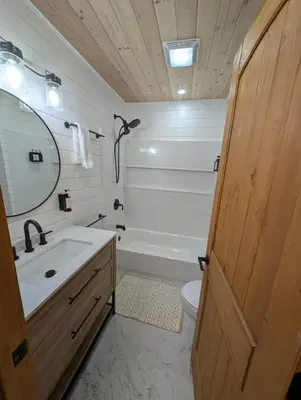 a bathroom with a sink and a toilet and a mirror at Mountain Haven Near Kirkwood Resort! in Pioneer