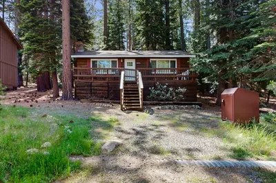 a cabin in the woods with a porch and stairs to it at The Bear's Den in South Lake Tahoe