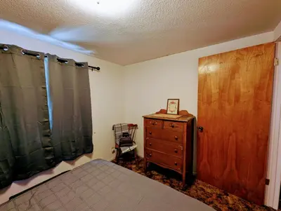 a bedroom with a bed and a dresser and a wooden door at Meadow View Cabin in Wilsonia in Wilsonia