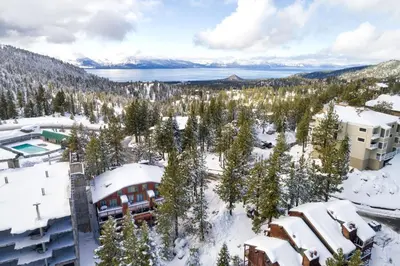 an aerial view of a resort in the snow at Snowflake Chalet condo in Stateline