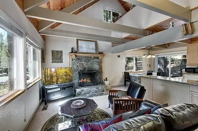 a living room with a couch and a fireplace at Sagebrush Cottage chalet in South Lake Tahoe