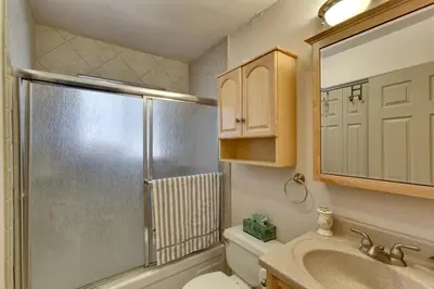 a bathroom with a shower and a toilet and a sink at Sagebrush Cottage chalet in South Lake Tahoe