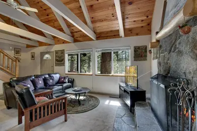 a living room with a couch and a fireplace at Sagebrush Cottage chalet in South Lake Tahoe