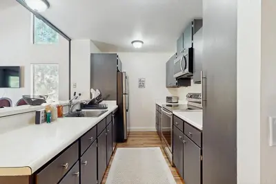 a kitchen with stainless steel appliances and a sink at Cozy Bear Retreat in Kings Beach