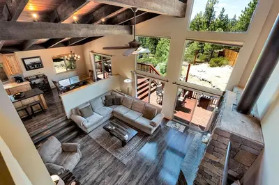 an overhead view of the living room of a house at Cold Creek Lodge home in South Lake Tahoe