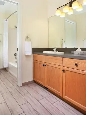 a bathroom with a sink and a mirror at Wyndham Angels Camp 1BR Apartment with Resort Access in Angels Camp