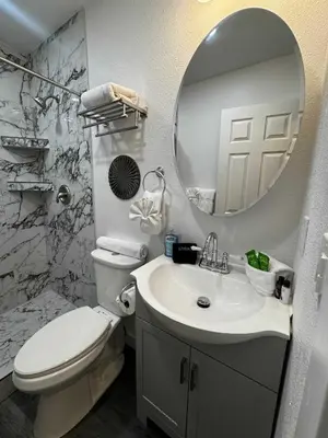 a bathroom with a toilet and a sink and a mirror at #9 Lakeside Location Beach Access View BalconyDog in Kings Beach