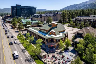 an aerial view of a town with a building at Downtown Penthouse condo in South Lake Tahoe