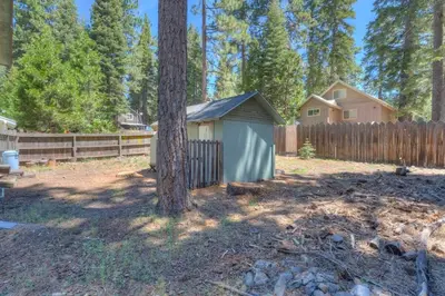 a shed next to a tree in a yard at Peak Summer - Relax & Refresh - Charming Kings Beach in Tahoe Vista