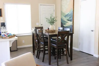 a dining room table and chairs in a kitchen at Sequoia Serenity 4 Mi to Sequoia, King Bed in Three Rivers