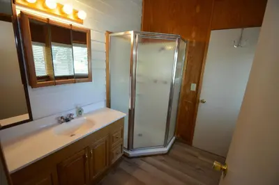 a bathroom with a shower and a sink at Lakeside Cabin with lake view in Bass Lake