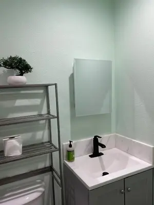 a bathroom with a sink with a mirror and a toilet at Macau Studio-Guesthouse by Sac State and UCDMC in Sacramento