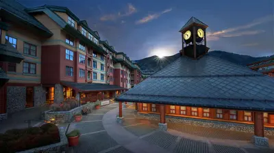 a building with a clock tower on top of it at Marriott Timber Lodge 1BR Apartment with Resort Access in South Lake Tahoe