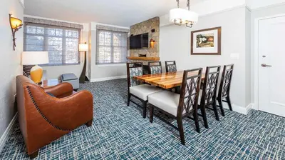 a dining room with a table and chairs at Marriott Timber Lodge 1BR Apartment with Resort Access in South Lake Tahoe