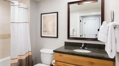 a bathroom with a toilet and a sink and a mirror at Marriott Timber Lodge Studio Apartment with Resort Access in South Lake Tahoe