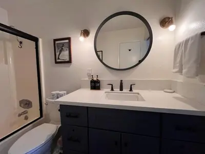 a bathroom with a sink and a mirror and a toilet at Cozy Mtn Condo - Hot Tub - Walk to Canyon Lodge in Mammoth Lakes