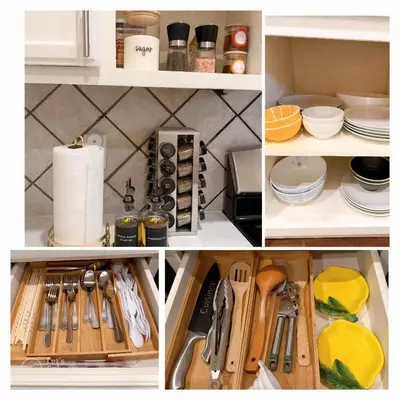 a collage of photos of a kitchen drawer with utensils at Elegant Retreat- Sleep 10-Boho Dome Lounge-Hot Tub-Games-Golf-Serene Getaway in Sacramento