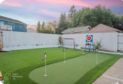 a miniature golf course with a goal and a ball at Elegant Retreat- Sleep 10-Boho Dome Lounge-Hot Tub-Games-Golf-Serene Getaway in Sacramento