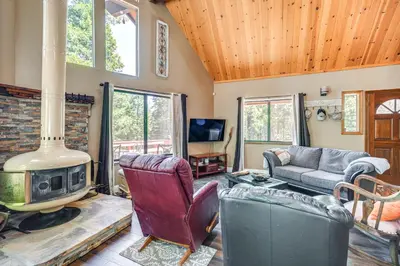 a living room with a couch and a fireplace at Cabin Getaway Near Big Trees Park Game Room, Deck in Camp Connell