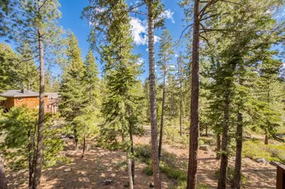 a view of a cabin through the trees at Northshore Lakeside Condo 15 by Tahoe Getaways - Walk to Beach with HOA in Tahoe City