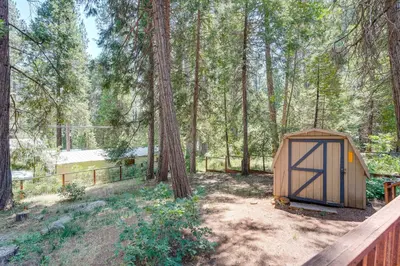 a small wooden shed in the middle of a forest at Private Lake Access Pet-Friendly Home in Arnold! in Arnold