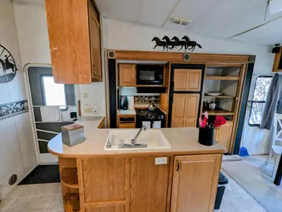 an rv kitchen with a sink and a horse on the wall at Sierra Escape RV in Squaw Valley