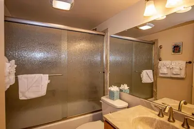 a bathroom with a shower and a toilet and a sink at Carnelian Woods #128 By Hauserman Rentals in Carnelian Bay