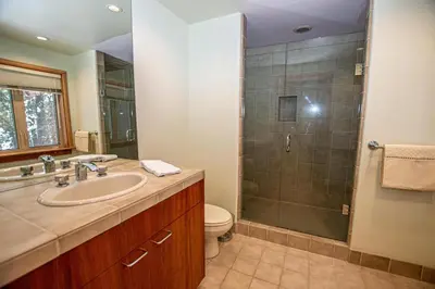 a bathroom with a shower and a sink and a toilet at Snow Crest By Hauserman Rentals in Alpine Meadows