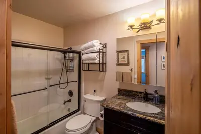 a bathroom with a toilet and a sink and a shower at Cedarwood Serenity By Hauserman Rentals in Tahoe City