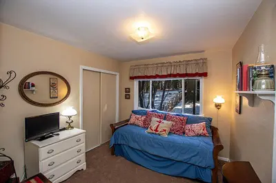 a bedroom with a bed with blue sheets and red pillows at Holland By Hauserman Rentals in Homewood
