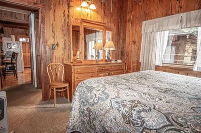 a bedroom with a bed and a dresser and a mirror at Plesums By Hauserman Rentals