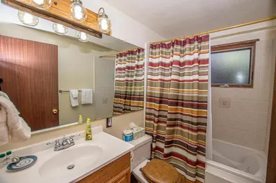 a bathroom with a sink and a shower at Plesums By Hauserman Rentals