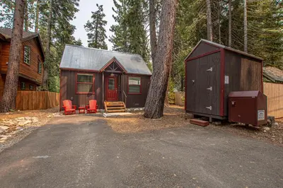 a small cabin in the woods next to a tree at O'Brien's Den By Hauserman Rentals in Tahoma