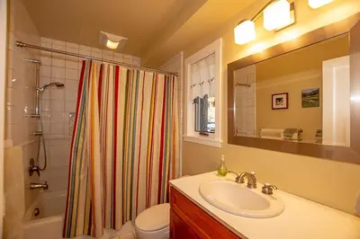 a bathroom with a sink and a shower curtain at Snowglobe By Hauserman Rentals in Tahoe City